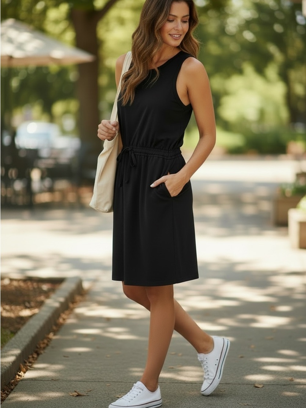 Members Mark Black Sleeveless tank dress w/Drawstring and pockets, elastic waist